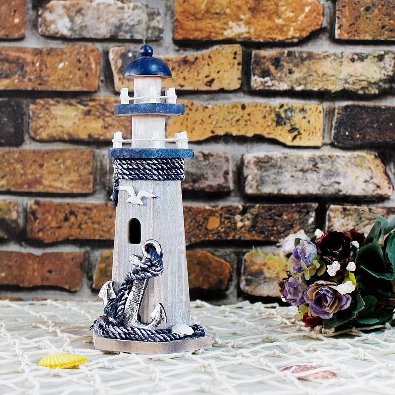 WHY DECOR Lighthouse Decor Nautical Decoration Wood Light House Figurine Beach House Coastal Decor Table Ocean Seaside Theme Home Lake House Bathroom Shelf Centerpiece 10.25" Blue - Image 4